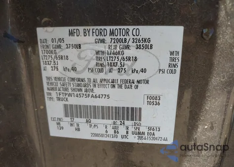 2005 Ford F-150 Fx4/Lariat/Xlt z USA, uszkodzony, nr VIN 1FTPW14575FA64775